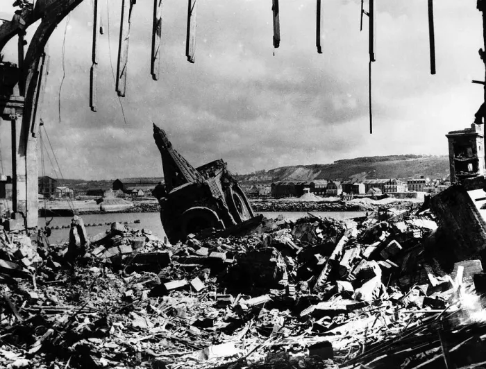 Framed Print : WW2 Cherbourg railway station after a German air raid 1944