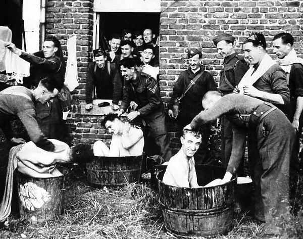 WW2 France British soldiers taking a bath in tubs 1939 Washing