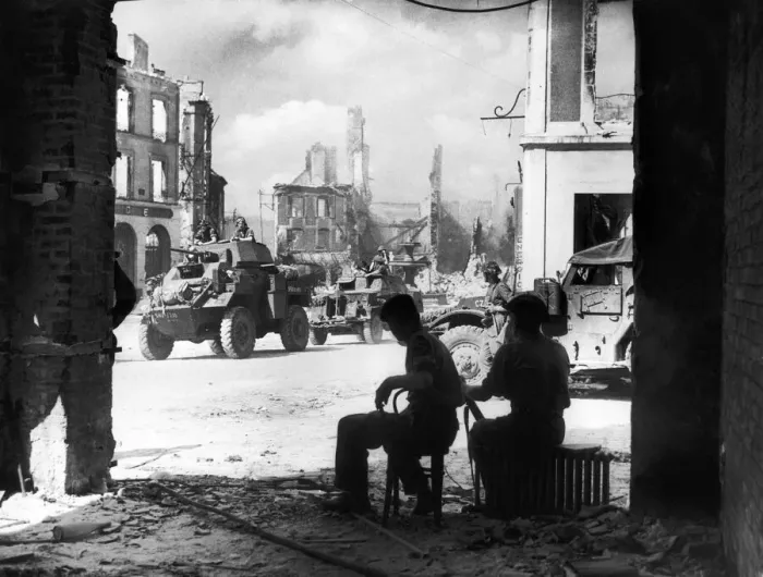 Framed Print : WW2 France Falaise British tanks and armour passing through Falaise to forward Framed Print : WW2 France Falaise British tanks and armour passing through Falaise to forward