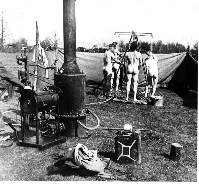 Framed Print : WW2 ll Canadian army having shower 4  /  45 Mobile baths followed the lst Canadian army