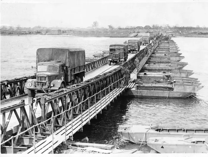 Framed Print : WW2 - March 1945 Allied army trucks crossing the Bailey pontoon bridge over the Rhine