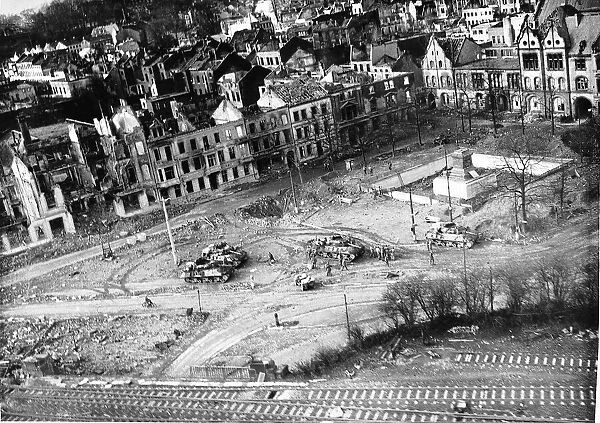 WW2 - March 1945 American Tanks in the square of the bomb-torn town of Munchen Gladbach