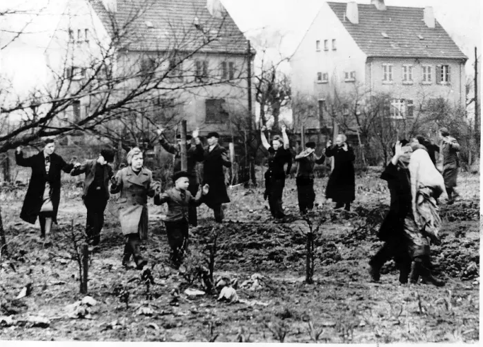 Framed Print : WW2 - March 1945 German civilians emerge from their homes as the 35th U. S Framed Print : WW2 - March 1945 German civilians emerge from their homes as the 35th U. S