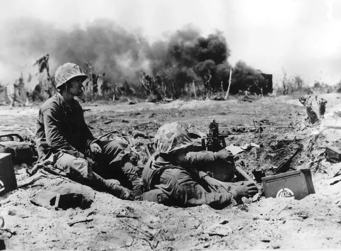 Framed Print : WW2 US marines on Namur Island 1944 Two marines relax in a machine gun nest Framed Print : WW2 US marines on Namur Island 1944 Two marines relax in a machine gun nest