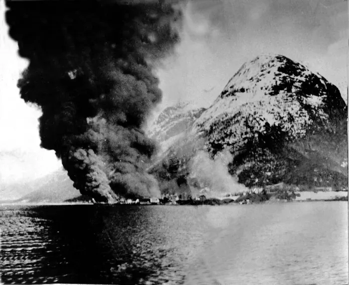 Framed Print : WW2 Nazi raid on Andalsnes Norway May 1940 Framed Print : WW2 Nazi raid on Andalsnes Norway May 1940