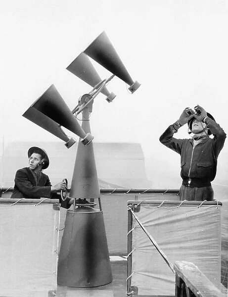 WW2 Observer on rooftop with sound detection equipment