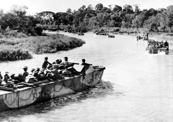 Framed Print : WW2 RIN landing craft carry Indian January 1945 soldiers along a tributary near Framed Print : WW2 RIN landing craft carry Indian January 1945 soldiers along a tributary near