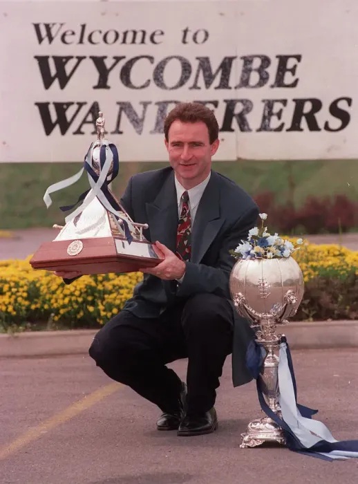 Framed Print : Wycombe Wanderers Martin O Neill with Vauxhall Conference and FA Trophy 1993
