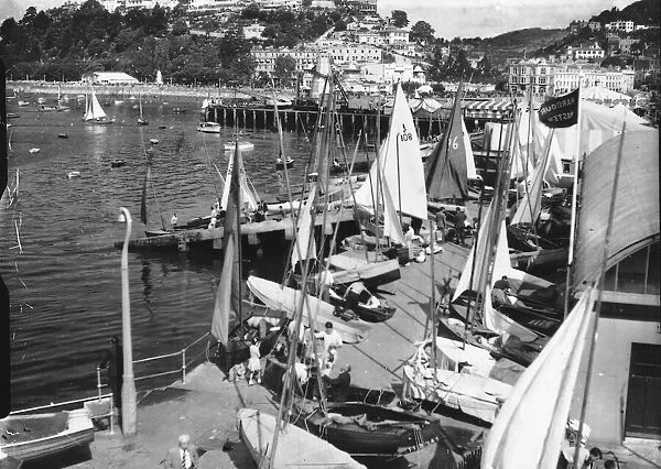 Yachts launching from the D-Day slipways, Torquay in August 1953