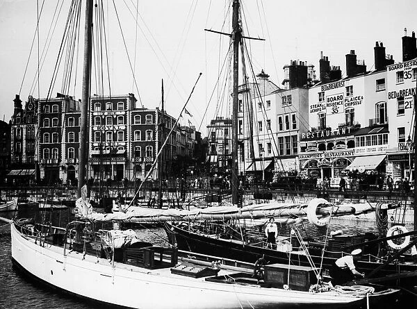 Yachts tied up in the inner basin of Ramsgate Harbour. In the background can been seen