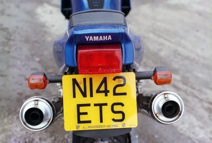 Framed Print : Yamaha TRX motorbike August 1998 Blue exhaust tailpipes number plate N142 ETS