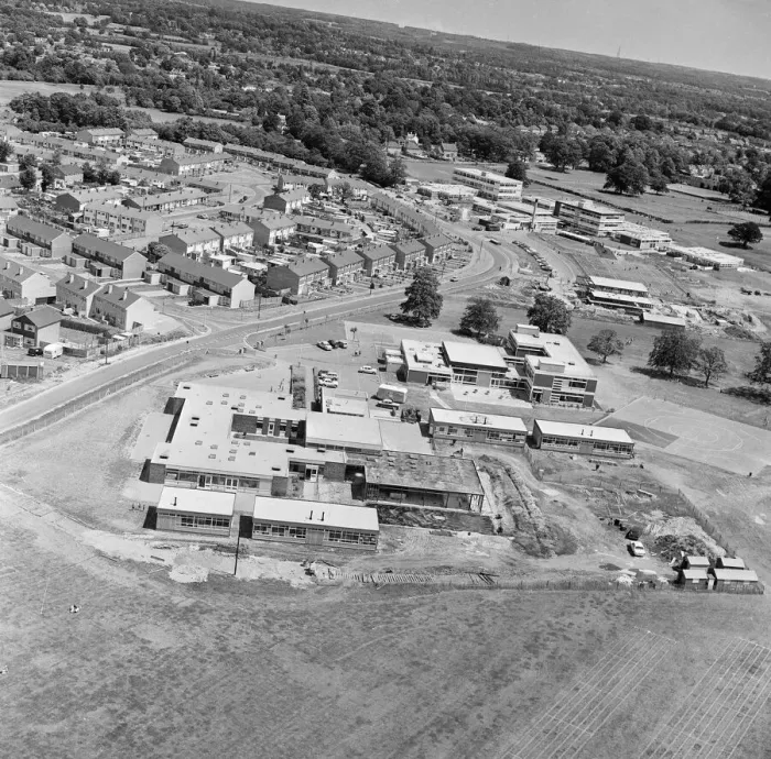 Framed Print : Yateley, Hampshire, June 1970. Aerial View. Looking east towards Yateley School Framed Print : Yateley, Hampshire, June 1970. Aerial View. Looking east towards Yateley School