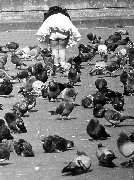 Four year old girl feeding the pigeons in Trafalgar Square August 1961
