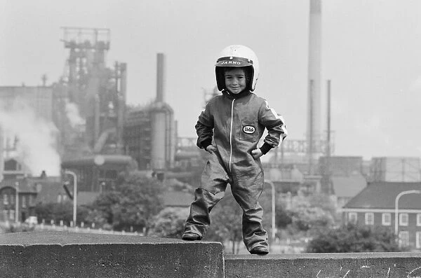 Four year old Jarno Barratt of Corby, Northamptonshire, in his motorcycle outfit which he