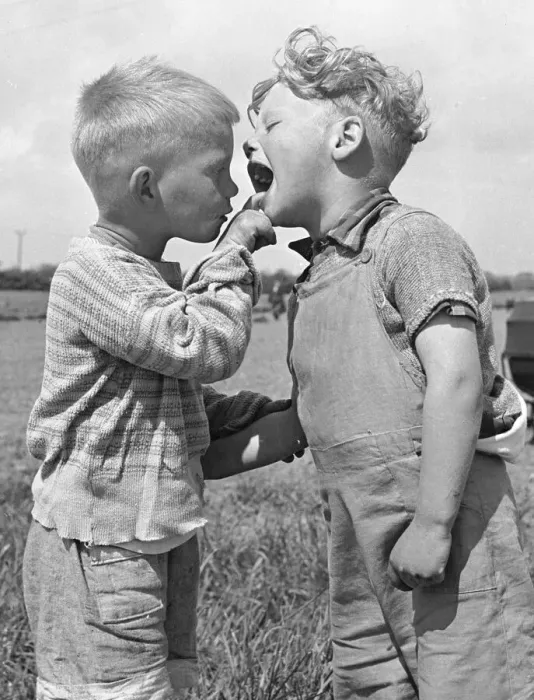 Framed Print : Four year old Keith Mackevitt (right) has his mouth checked by his friend Michael King Framed Print : Four year old Keith Mackevitt (right) has his mouth checked by his friend Michael King