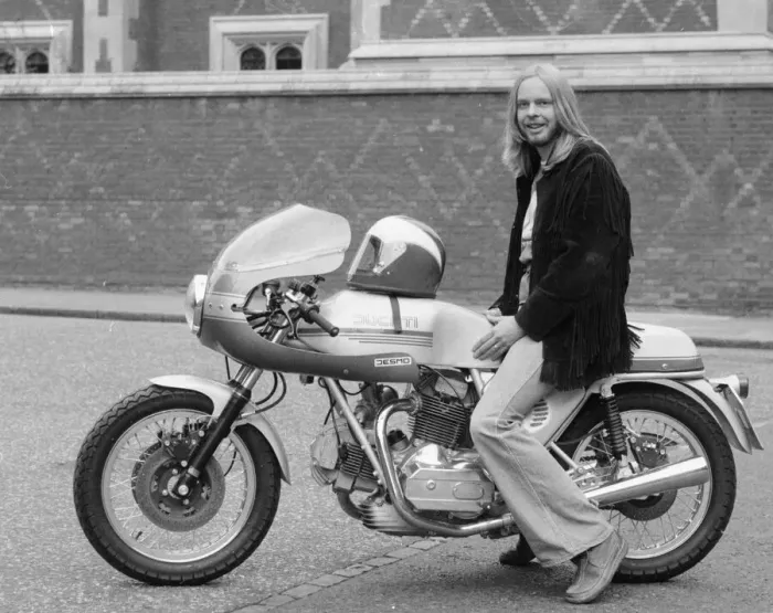 Framed Print : Yes keyboard player Rick Wakeman seen here riding a Ducati motorcycle Framed Print : Yes keyboard player Rick Wakeman seen here riding a Ducati motorcycle