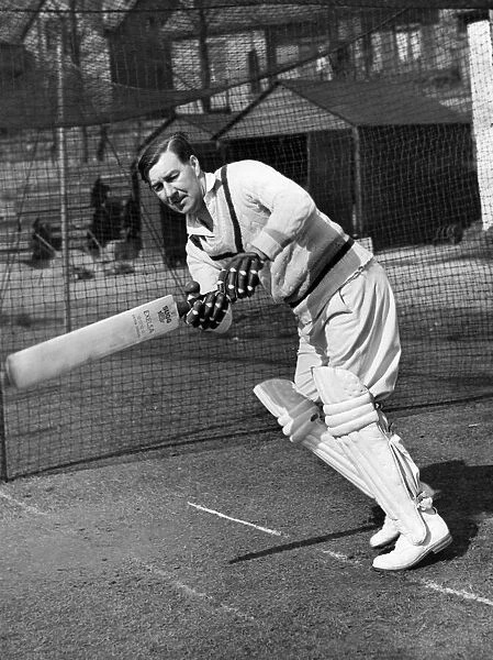 Yorkshire county cricketer Norman Yardley practising his batting skills in the nets