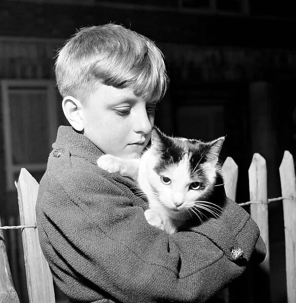 Young boy with his pet cat. November 1953 D6875