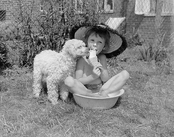 A young boy shares his ice cream with his pet dog as he sits down in a bowl of cold water