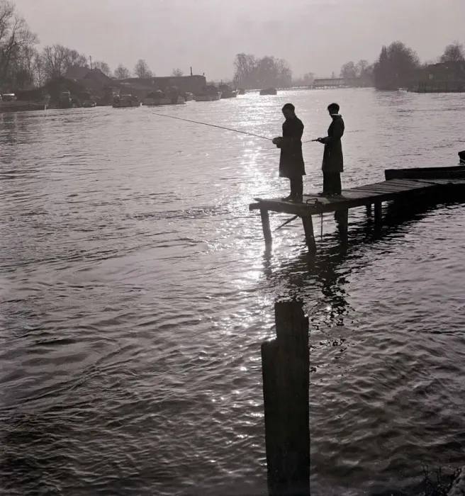 Framed Print : Two young boys fishing as they stand on the end of a jetty, England 1963 Framed Print : Two young boys fishing as they stand on the end of a jetty, England 1963