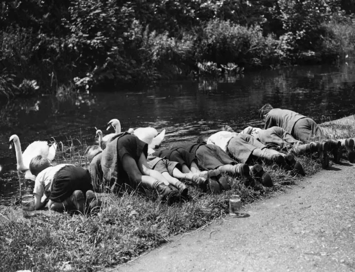 Framed Print : Young boys fishing for toddlers'in a Glamorgan canal during the Second World