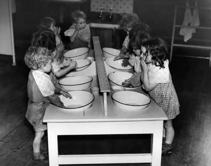 Framed Print : Young children learn to wash & clean themselves 5th November 1943 Framed Print : Young children learn to wash & clean themselves 5th November 1943