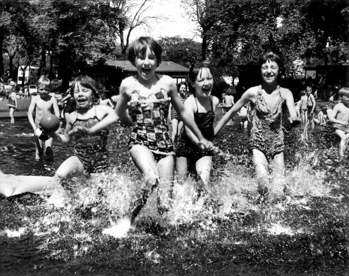 Framed Print : Youngsters enjoy a hot summer day in the water in 1963 at Brandling Park, Newcastle