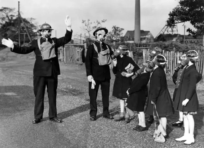 Framed Print : These youngsters weren t caught unawares. They carried their gas masks as instructed Framed Print : These youngsters weren t caught unawares. They carried their gas masks as instructed