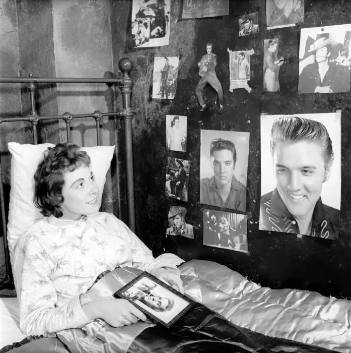 Framed Print : Youth Culture: Miss Robinson who has decorated her bedroom with pictures of Elvis Presley Framed Print : Youth Culture: Miss Robinson who has decorated her bedroom with pictures of Elvis Presley