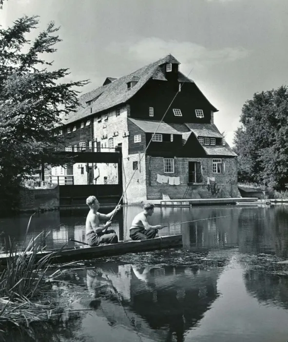 Framed Print : Youth Hostels Houghton Mill Young people fishing on the River Ouse Huntingdonshire