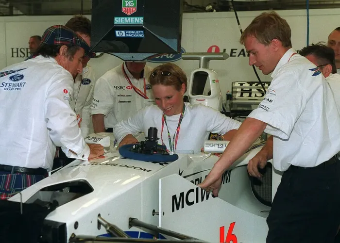 Framed Print : Zara Phillips British Grand Prix Silverstone 1999 she squeezes into a Stewart Ford Framed Print : Zara Phillips British Grand Prix Silverstone 1999 she squeezes into a Stewart Ford
