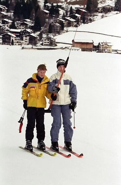 Zara Phillips and Prince Harry on the ski slopes of Klosters. January 1998