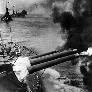 15 inch guns from HMS Valiant, Warspite and Malaya concentrate their fire on a single