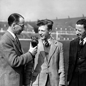 16 year old Jeff Whitefoot making a BBC recording at Old Trafford for Childrens Newsreel