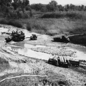 Print of a 17-Pounder anti-tank gun crossing the River Foglia