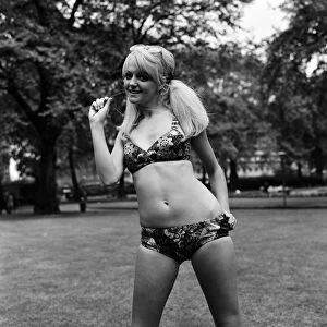18 year old Karen Kerr wearing a patchwork bikini made by the Womens Institute