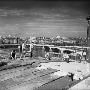 1951 South Bank Exhibition Site. Plasterers at work preparing roof of the Concert Hall 1951 South Bank Exhibition Site. Plasterers at work preparing roof of the Concert Hall