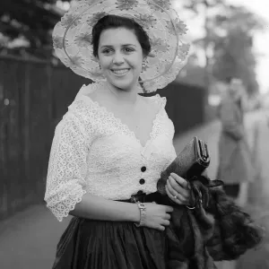 1953 Clothing Ascot Fashion Hazel Wood-Smith wearing a wide brimmed bonnet style hat 1953 Clothing Ascot Fashion Hazel Wood-Smith wearing a wide brimmed bonnet style hat
