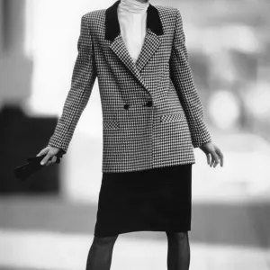 1980s Women's Fashion Print: Check Double Breasted Jacket and Skirt