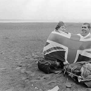 1982 World Cup Finals in Spain. English fans wrapped in a Union Jack flag on a