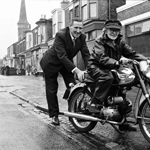 77-year-old Florrie Ball with her new motorbike. 11th February 1969