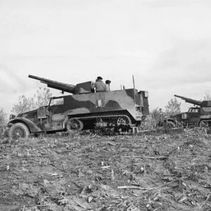 8th army front: Adriatic Sector. 75mm guns on half tracks manned by men of