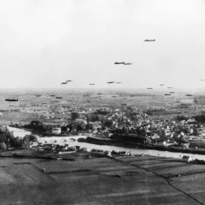 94 Avro Lancaster bombers of No5 Group fly across French countryside on the way to