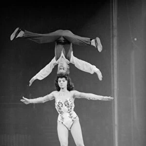 Acrobats performing on the low wire at the Bertrams Circus Circa 1959