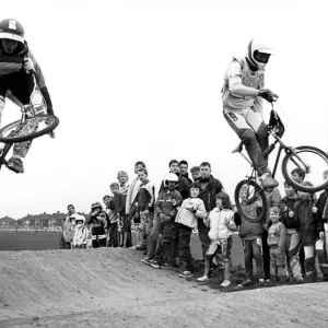 Action from BMX meeting at Cleveland BMX Club, Redcar racecourse, 14th February 1988