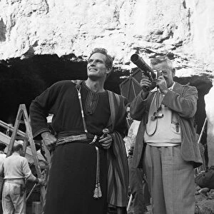 Actor Charlton Heston between takes during the making of the film Ben Hur in Rome