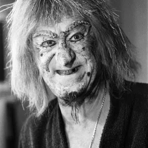 Actor John Pertwee in the dressing room being made up for his role as Wurzel Gummidge in