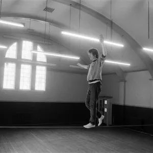 Actor Michael Crawford works out on the high wire. 8th April 1981 Actor Michael Crawford works out on the high wire. 8th April 1981