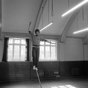 Actor Michael Crawford works out on the high wire. 8th April 1981 Actor Michael Crawford works out on the high wire. 8th April 1981