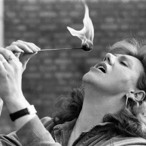Actress Anna Karen practising her fire-eating act at her home in Ilford, Essex Actress Anna Karen practising her fire-eating act at her home in Ilford, Essex